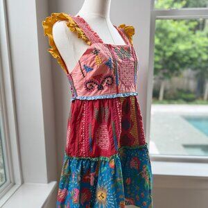 Farm Rio Color Block Embroidered Tropical Tiered Ruffle Mini Dress, Small